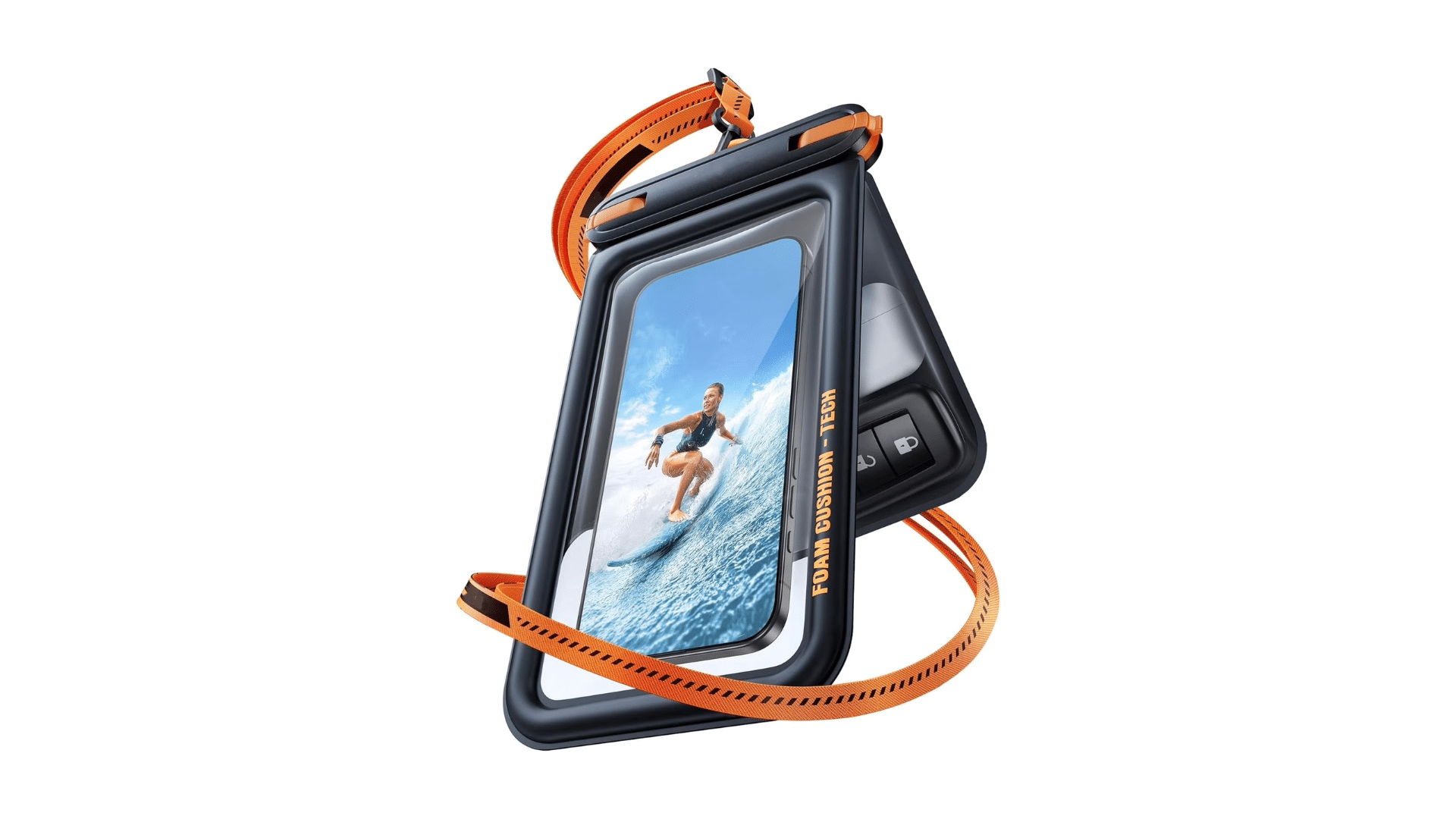 TORRAS IP68 waterproof phone pouch in black with orange lanyard, clear screen window and smartphone visible inside