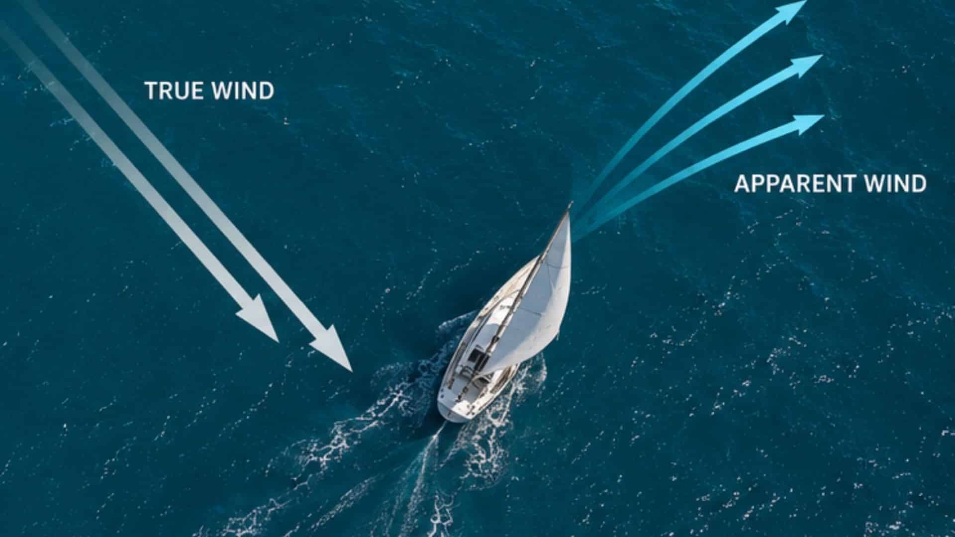 Diagram showing true wind and apparent wind around a moving sailboat
