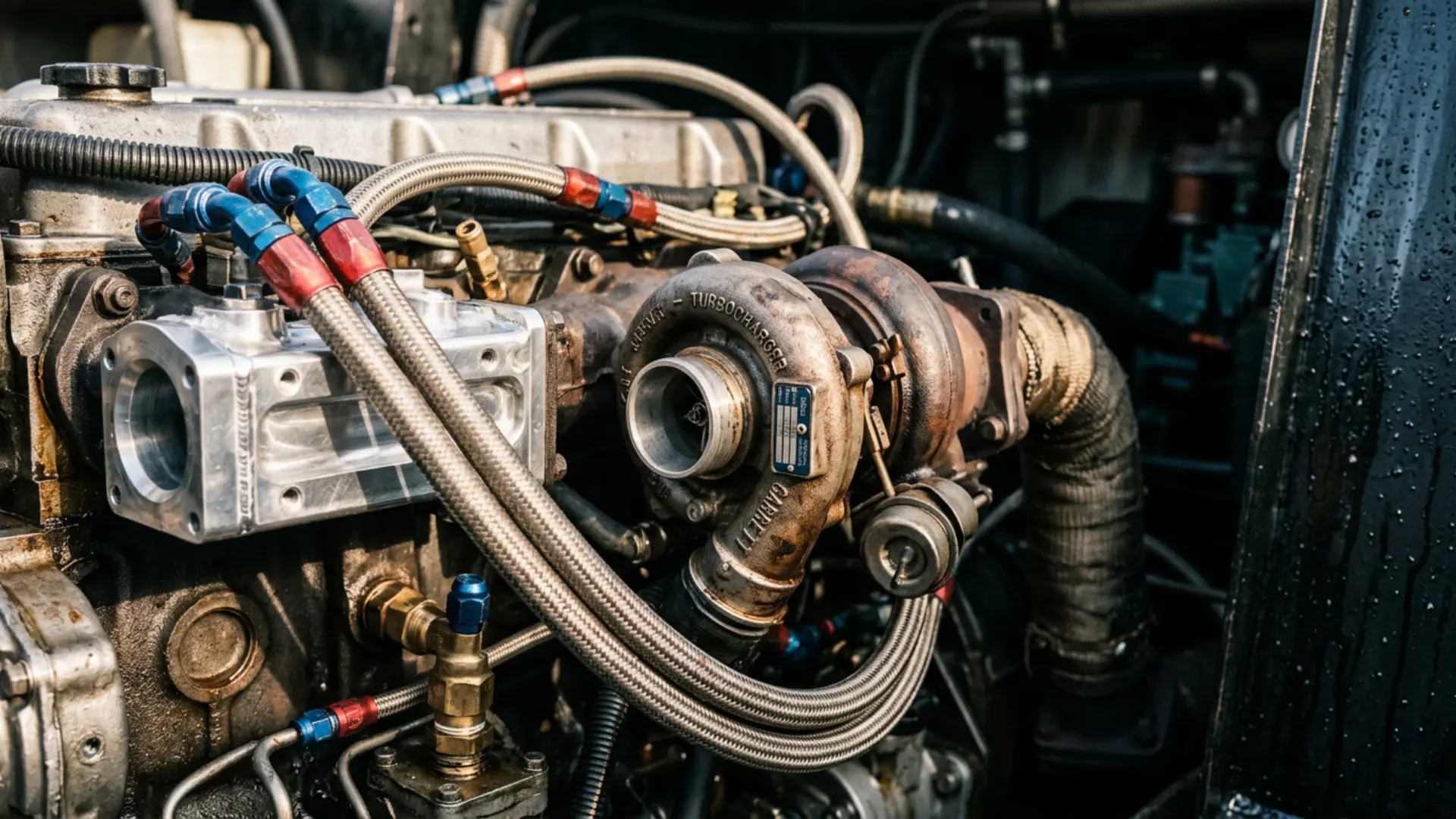 Closeup view of a turbocharger engine system with metal pipes hoses and mechanical components showing automotive performance details