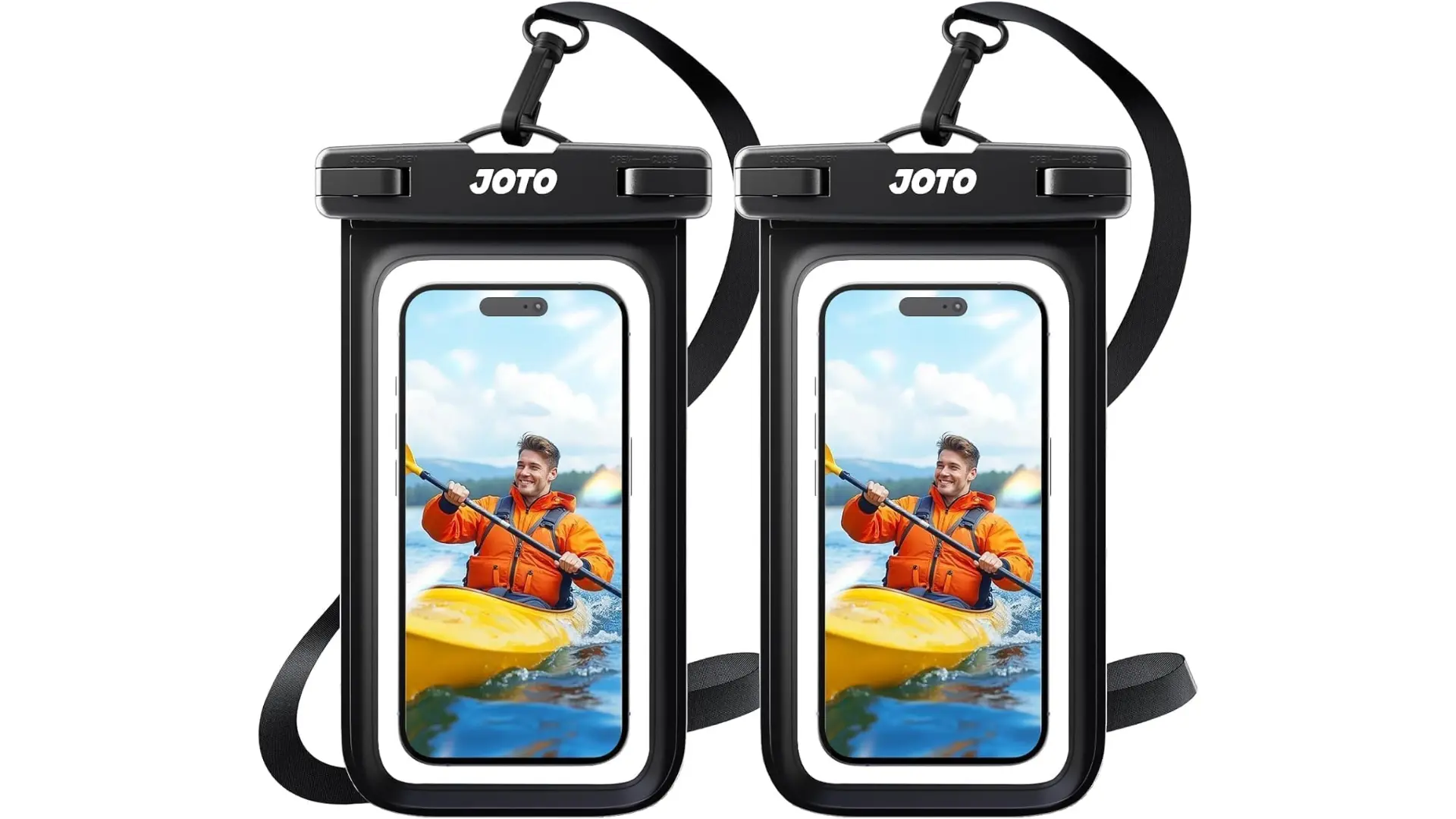 Two black waterproof phone pouches with smartphones, secure straps, clear windows, and outdoor kayaking images