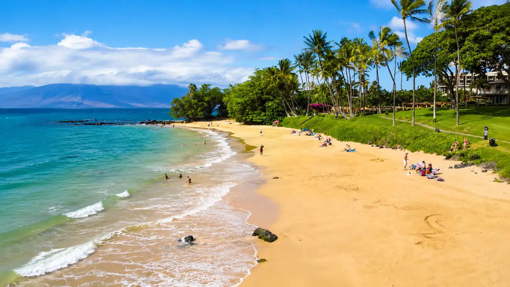 Tropical beach with golden sand, turquoise ocean waves, palm trees, lush greenery, and visitors enjoying a sunny coastal landscape
