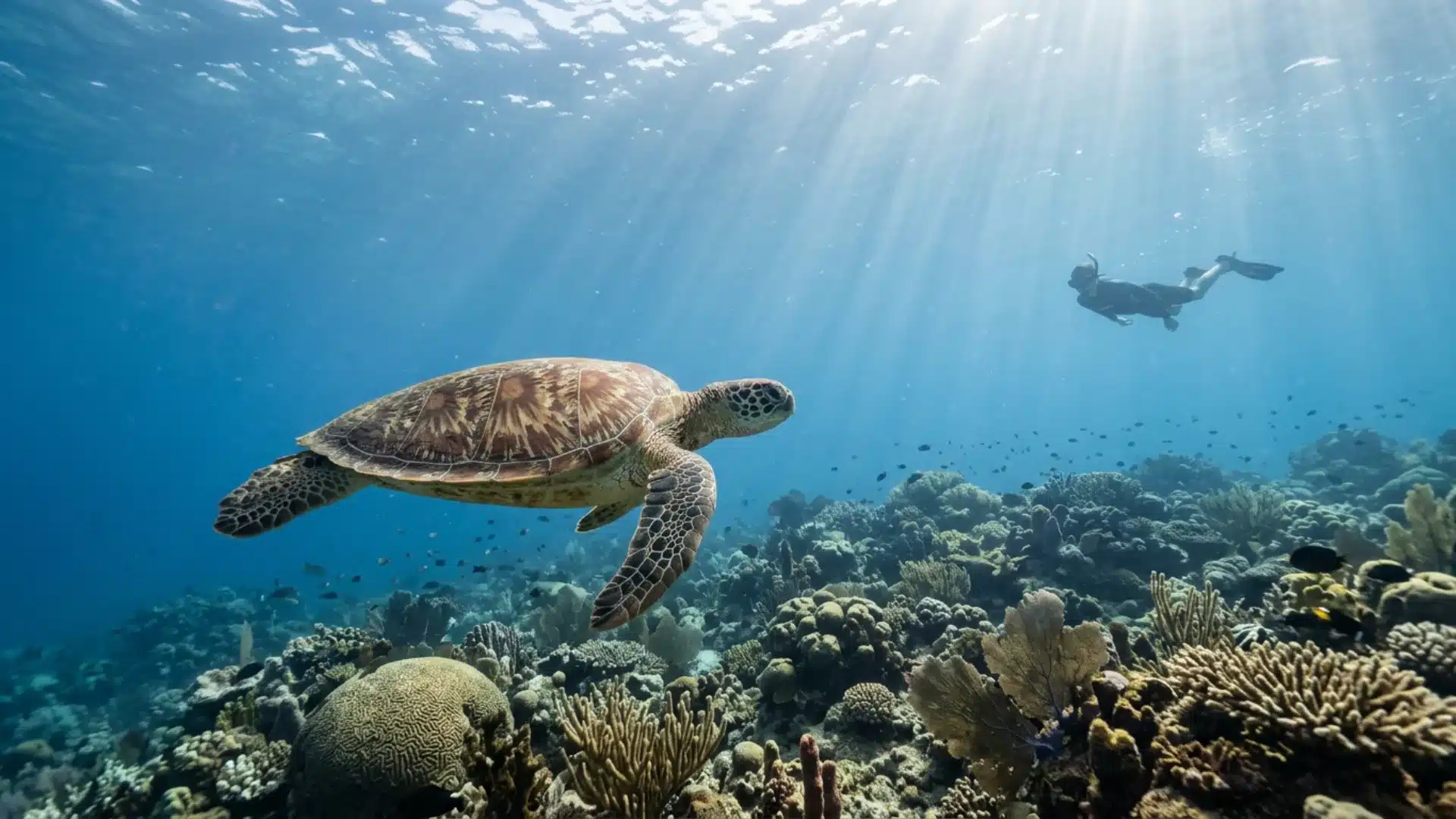 Sea turtle swimming above a coral reef with a snorkeler nearby and sunlight rays filtering through clear blue ocean water