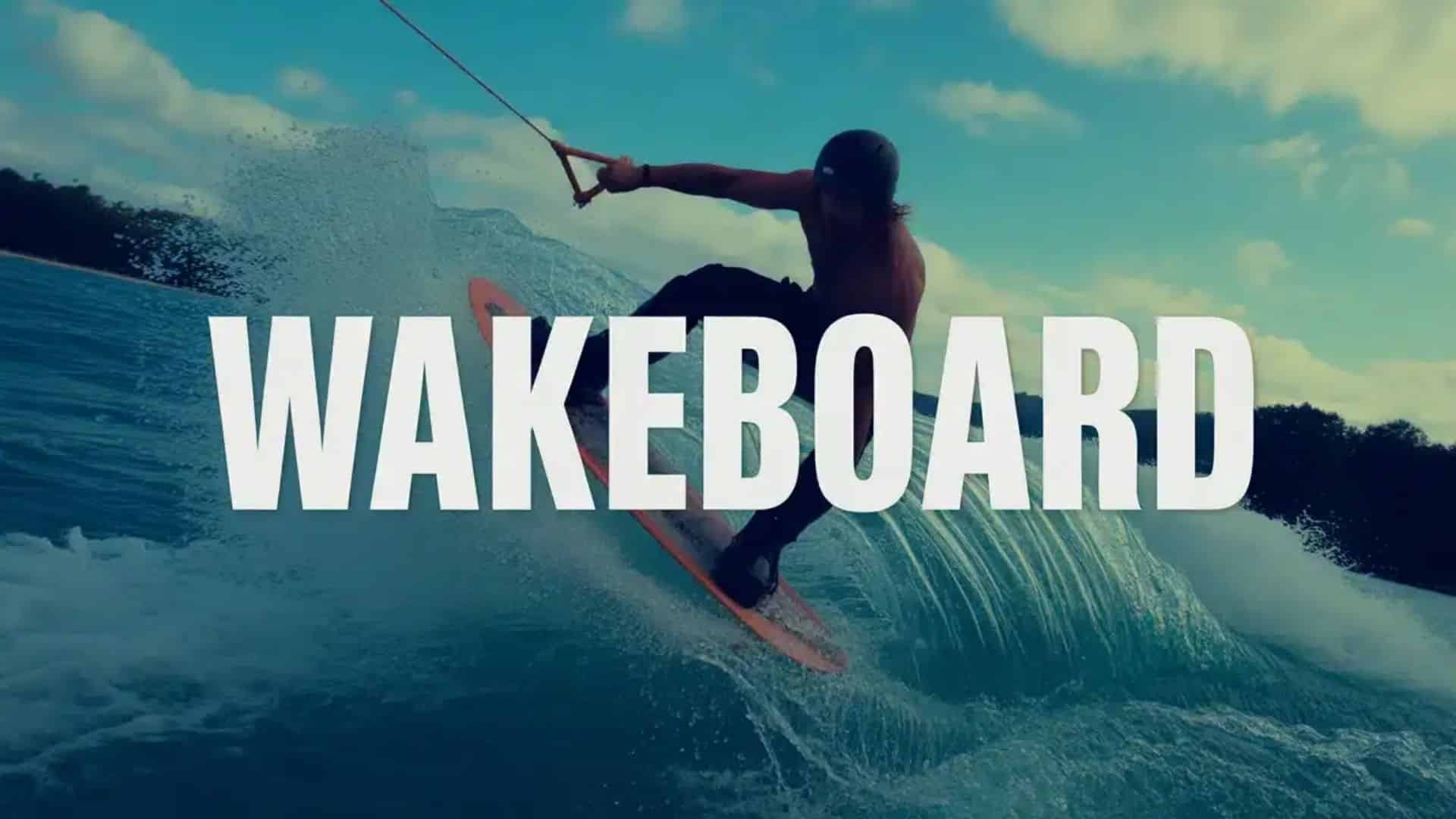 Wakeboarder performing a jump on water with large wake spray and bold wakeboard title overlay