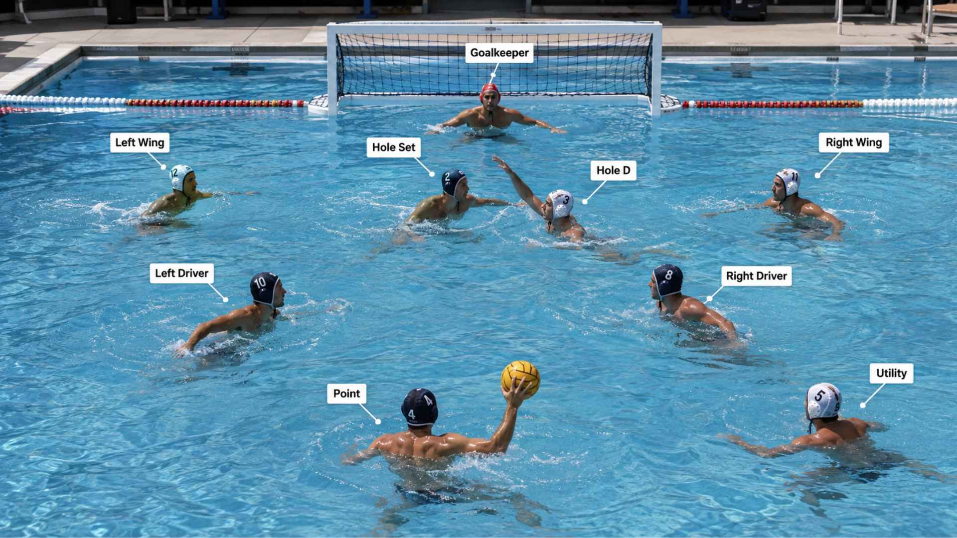 Water polo players positioned across the pool with labels marking goalkeeper, wings, drivers, point, hole set and hole D