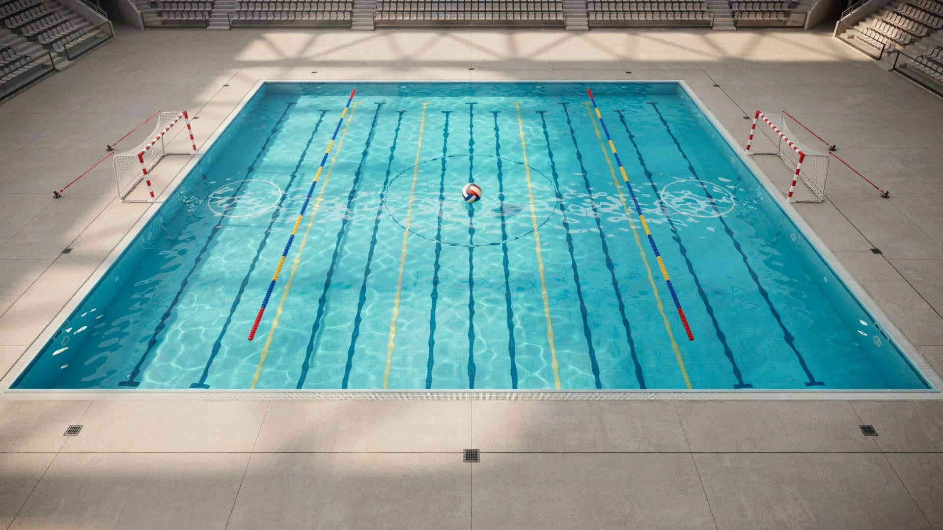 Indoor water polo pool with goals, field markings, and ball showing the setup of a professional water polo game