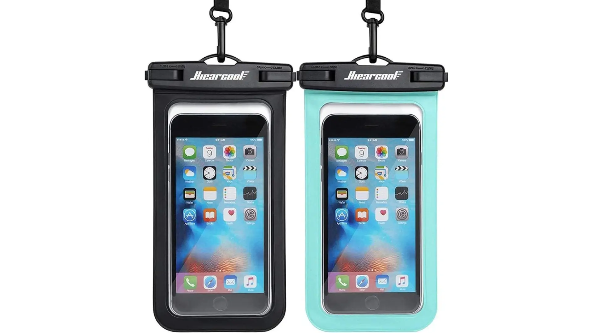 Waterproof phone holders displayed side by side with transparent windows, smartphones, and secure neck straps
