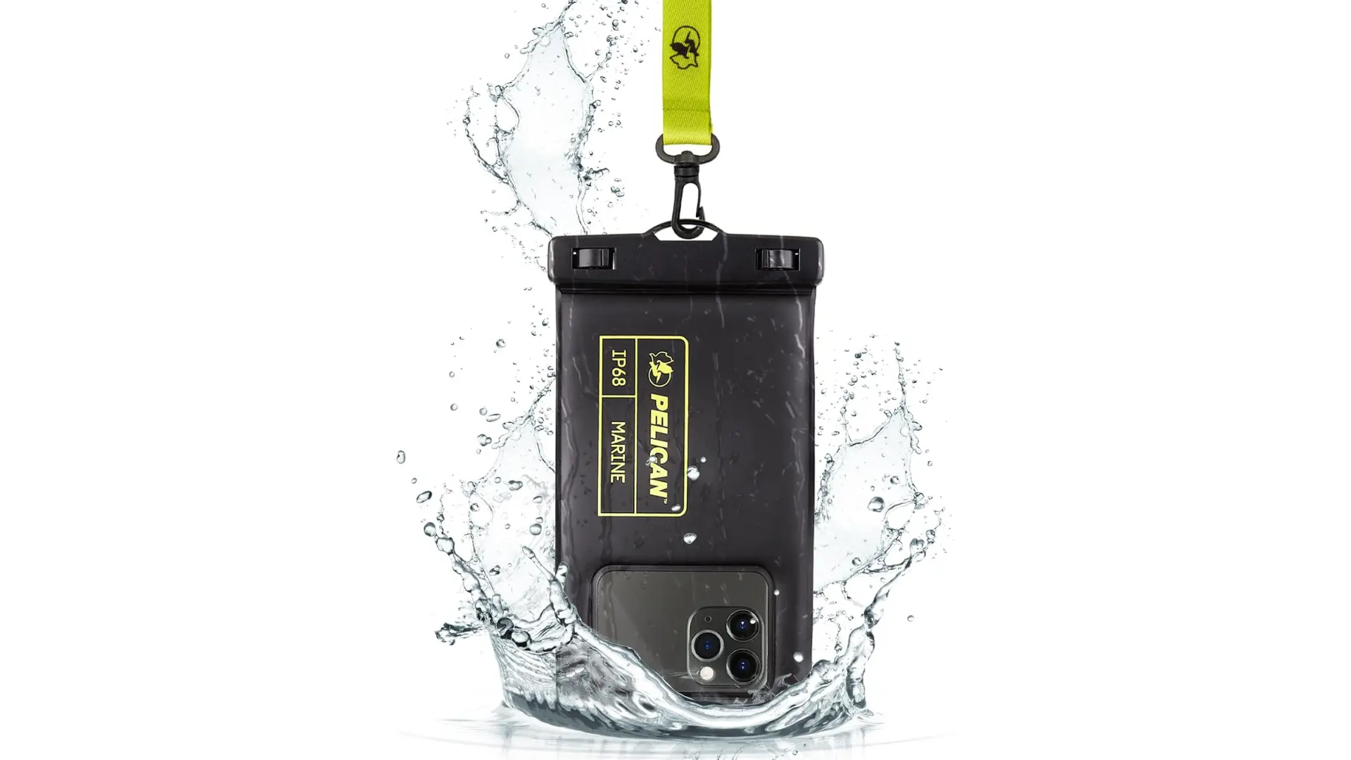 Waterproof phone pouch protecting a smartphone with water splash effects, secure strap, and sealed IP68 design