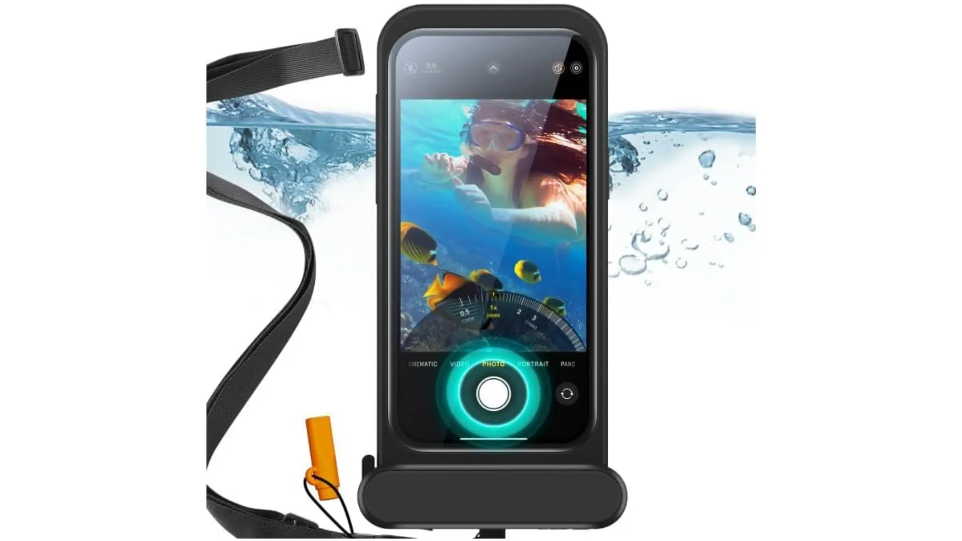 Waterproof phone pouch showing smartphone photography underwater with ocean scene, strap, and protective case design