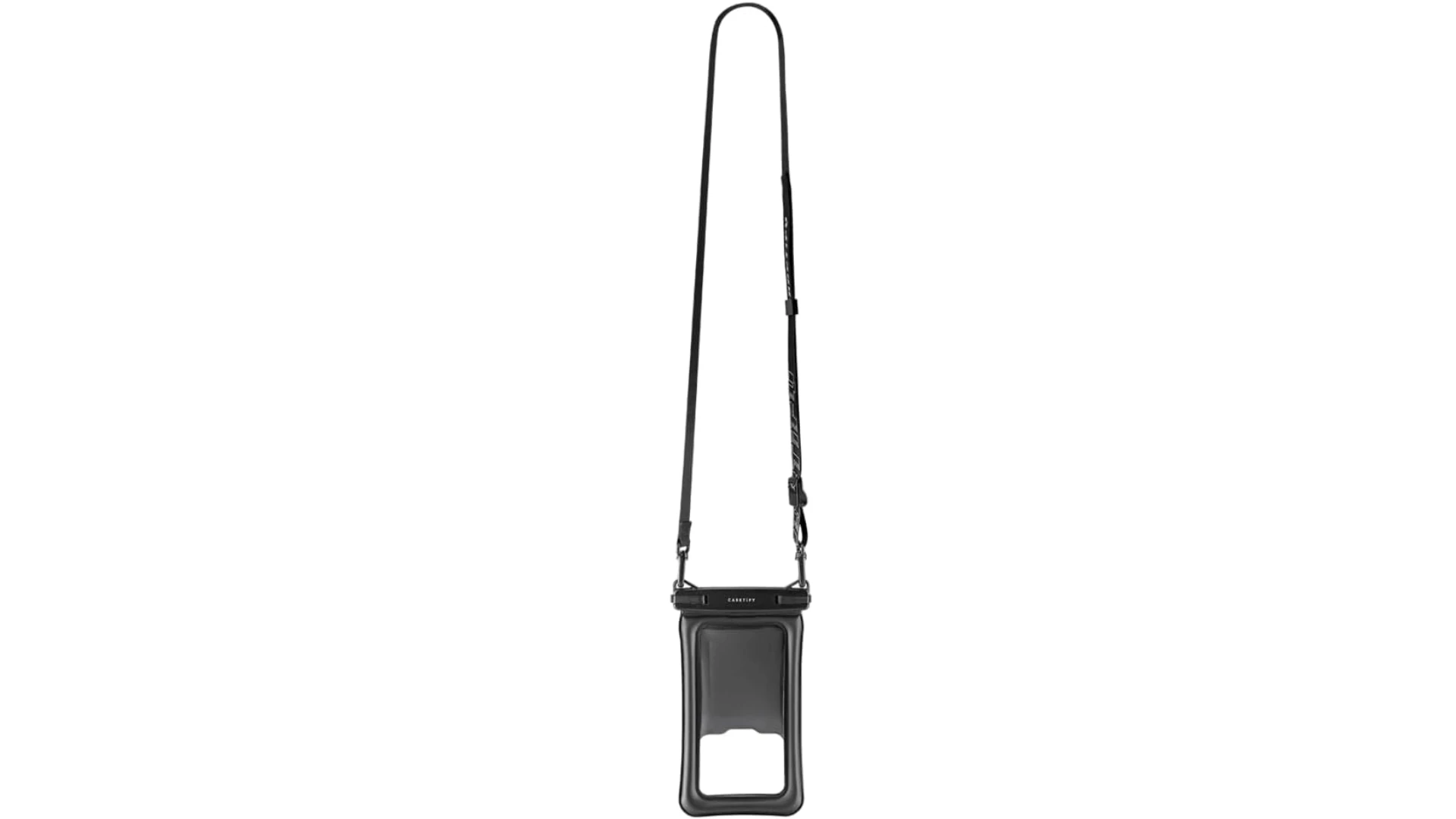 Waterproof smartphone pouch featuring adjustable neck strap, sealed top closure, and clear protective screen window