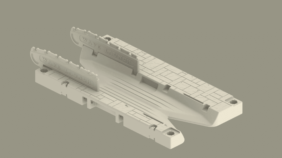 Wave Armor Kayak Launch with 2 Rails Floating kayak launch platform on a plain background