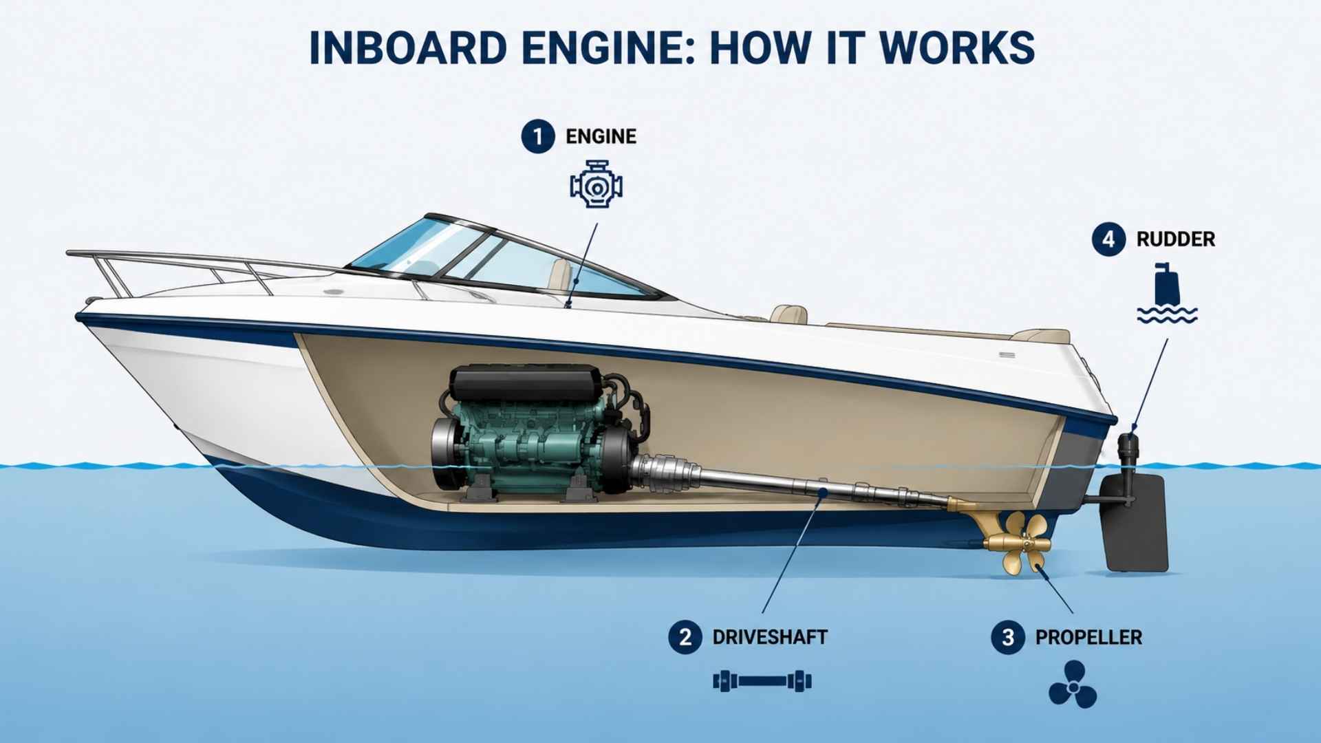 Cutaway diagram showing an inboard boat engine connected to the driveshaft, propeller, and rudder