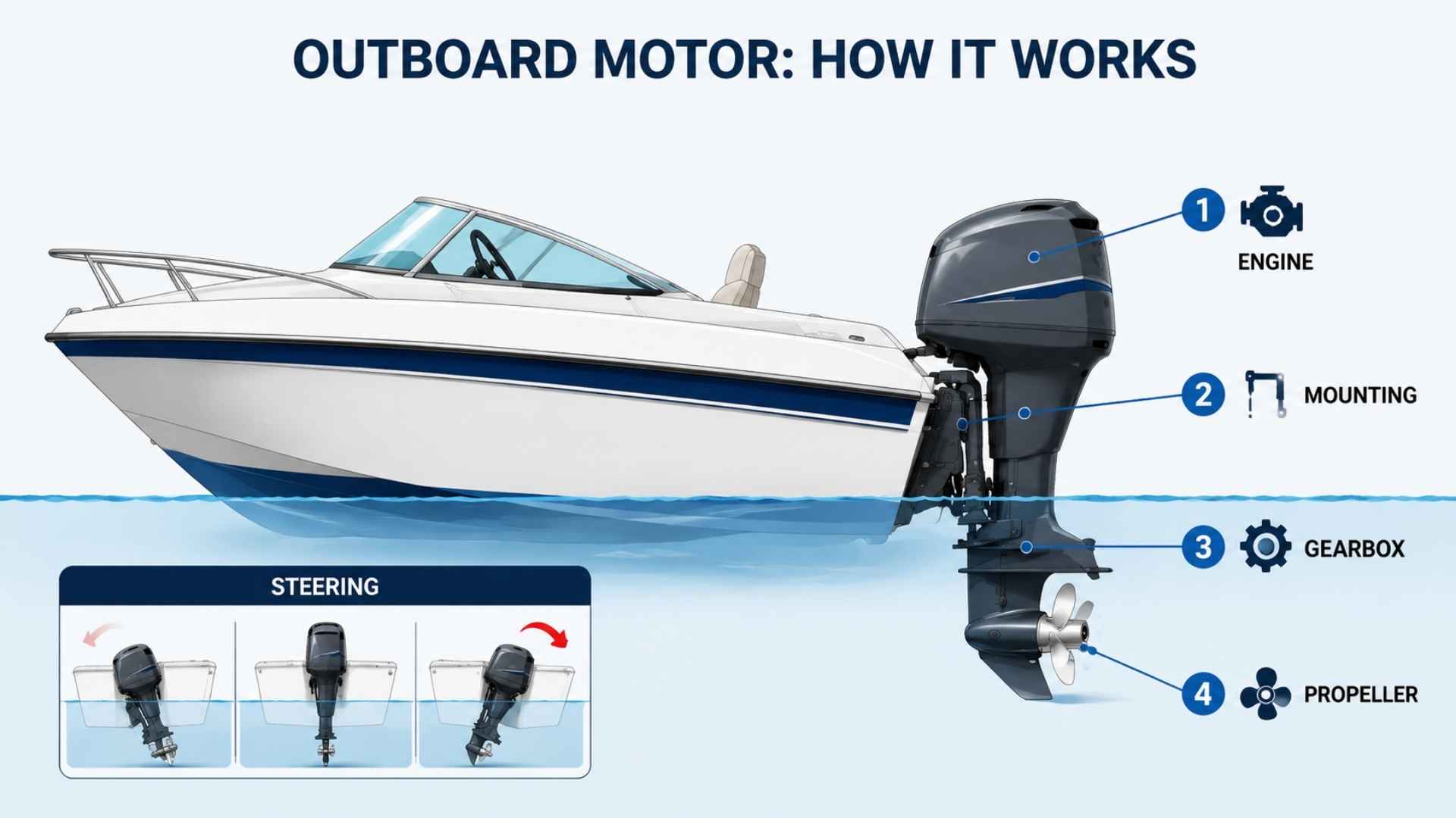 Diagram showing how an outboard motor works, with engine, mounting, gearbox, propeller, and steering