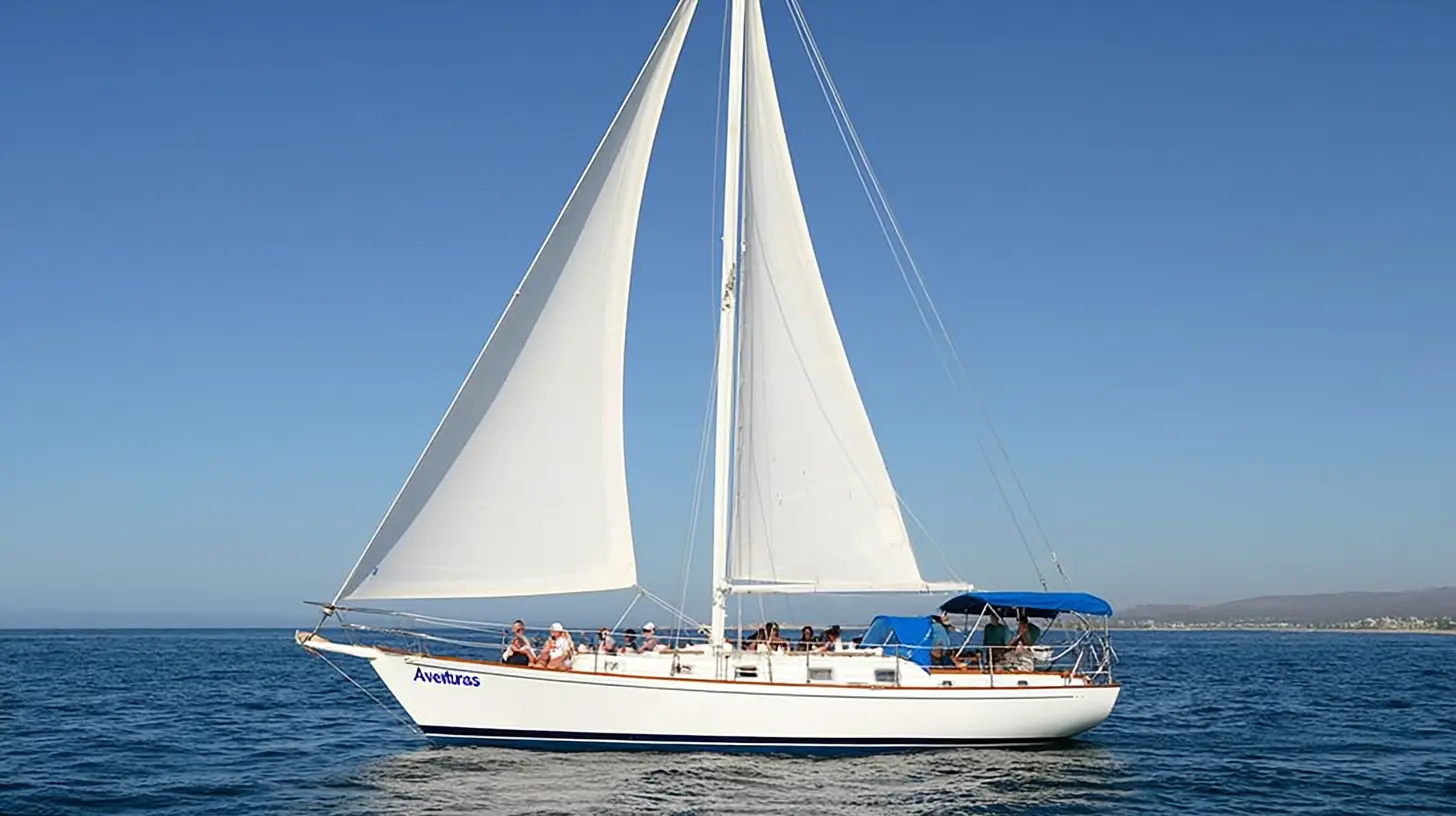 White sailboat with passengers sailing on open blue water near the coastline