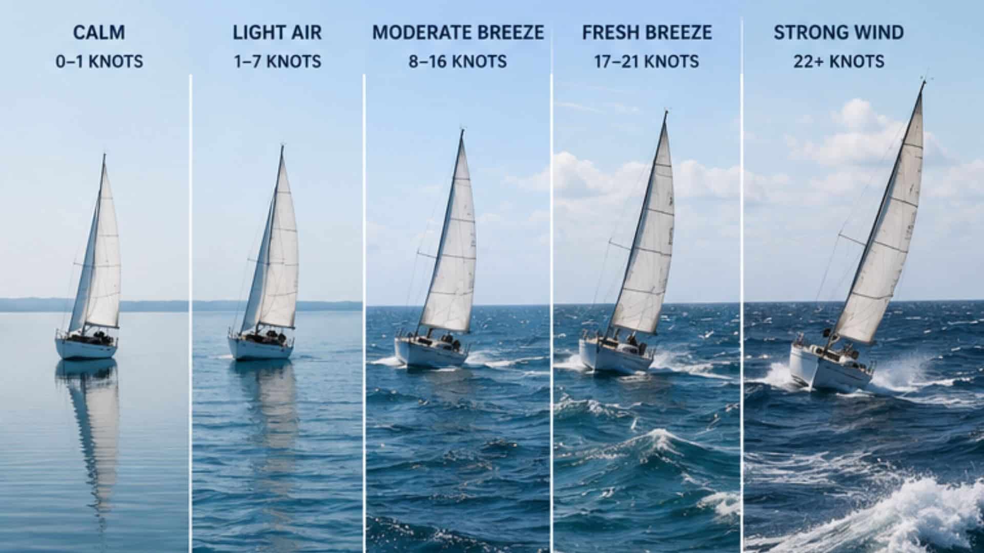 Sailboats shown in increasingly stronger wind conditions from light air to strong wind