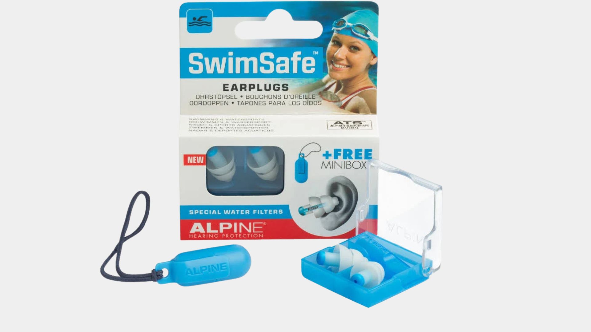 Box of Alpine SwimSafe earplugs with special water filters, featuring a blue carrying case and a mini storage box