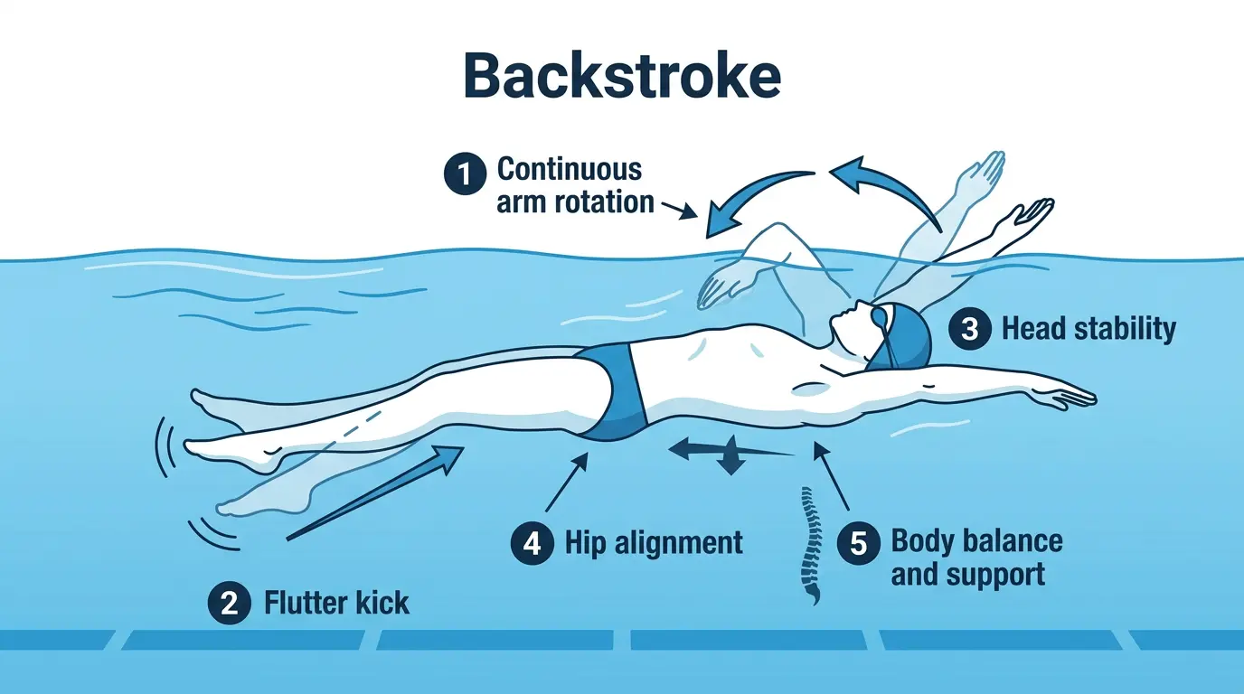 Illustration of a swimmer performing backstroke with continuous arm rotation, flutter kick, head stability, and body balance.