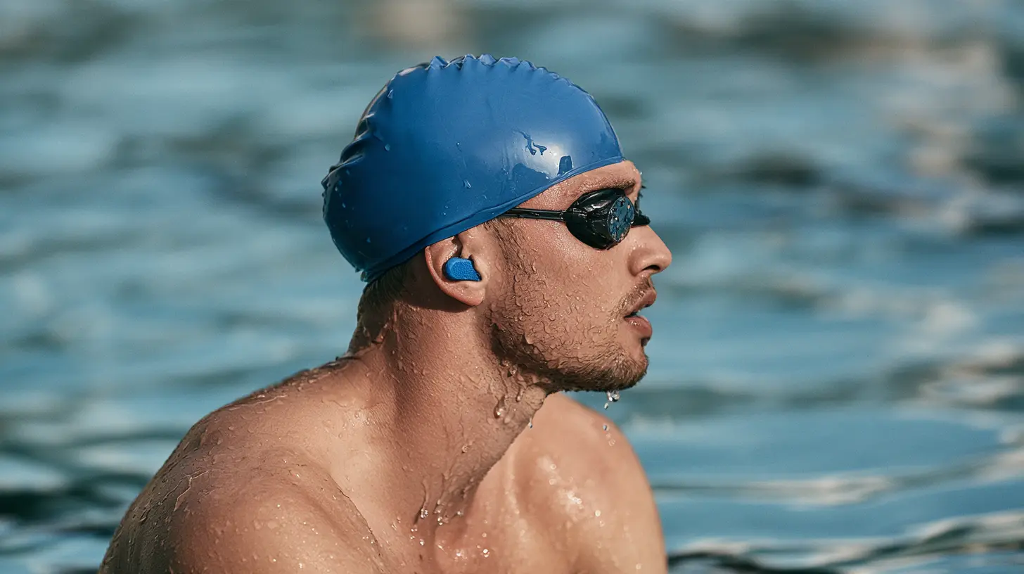 A wet male swimmer wearing a blue swim cap, goggles, and a matching blue earplug in a pool.