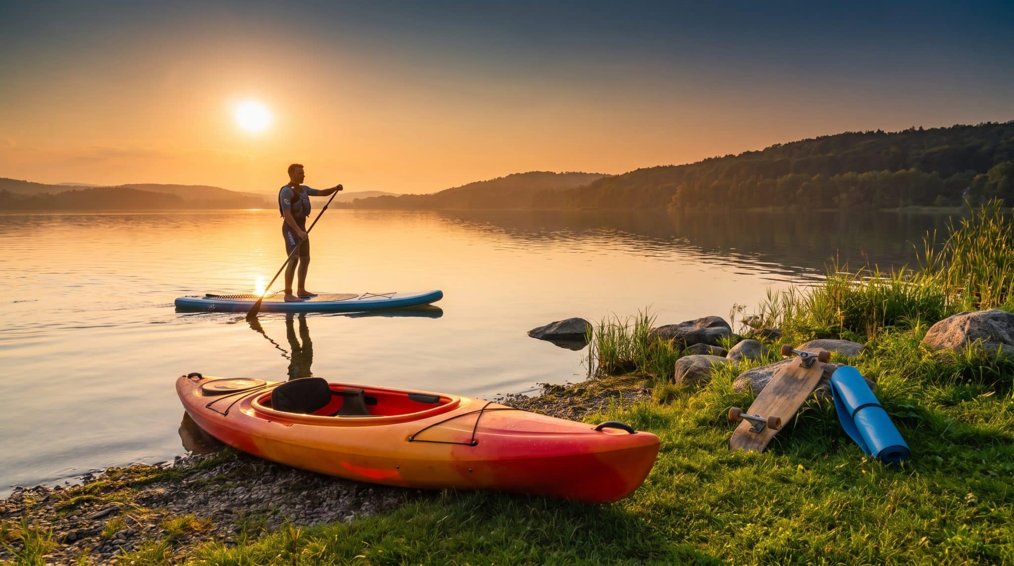 Paddleboarder on calm lake at sunset with kayak and skateboard on grassy shore