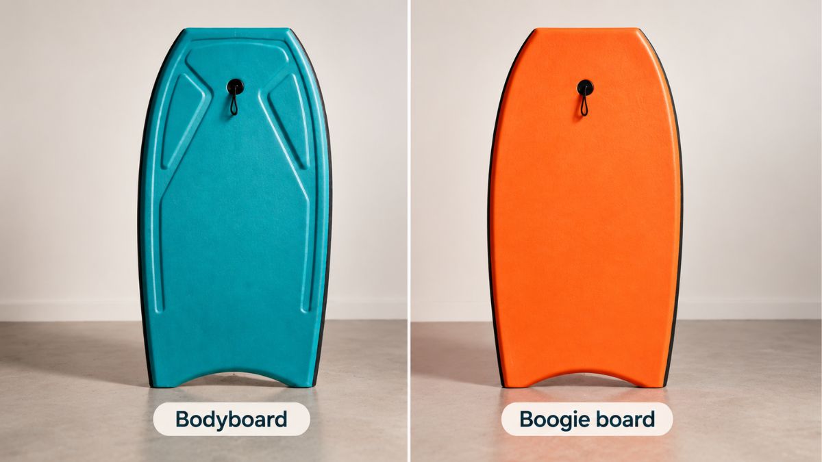 Comparison showing the difference between a bodyboard and a boogie board with two similar foam wave-riding boards
