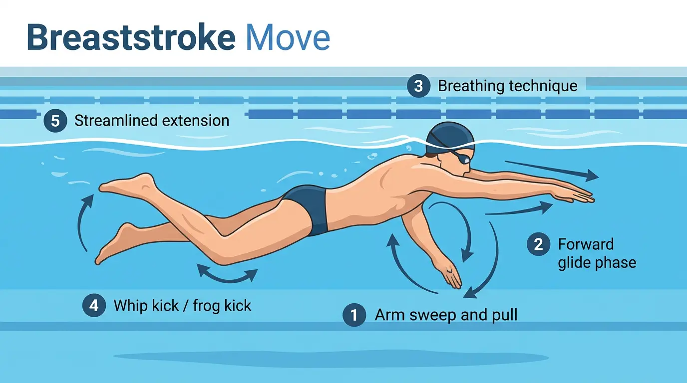 Illustration of a swimmer demonstrating breaststroke with arm sweep, glide phase, breathing, frog kick, and extension.