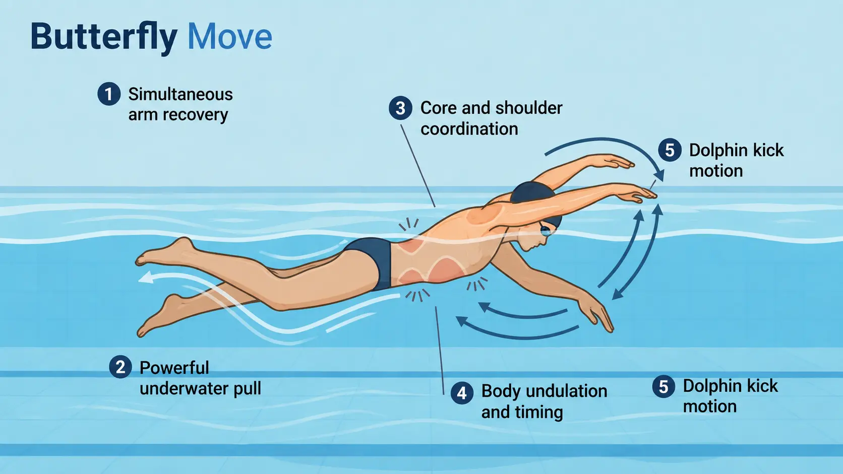 Illustration of a swimmer performing butterfly with simultaneous arm recovery, underwater pull, body undulation, and dolphin kick.
