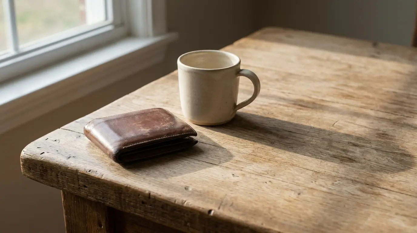 Ceramic mug and leather wallet on rustic wooden table in natural light