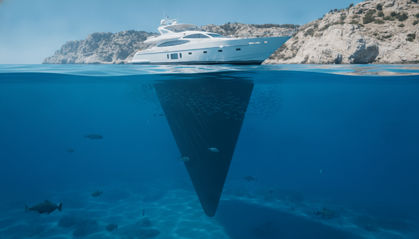 Luxury yacht on blue ocean with underwater view of fish and rocky coastline