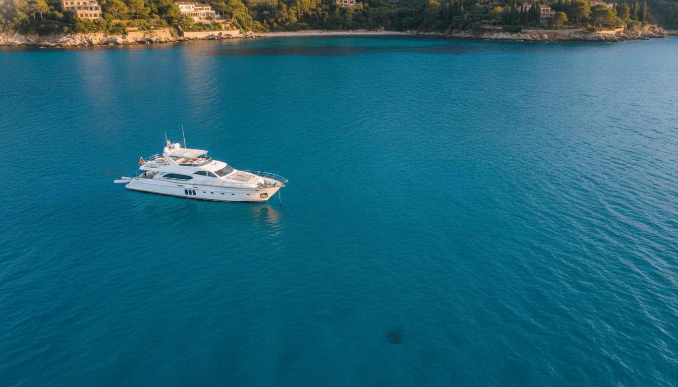 Luxurious yacht anchored in serene blue waters near a lush coastline