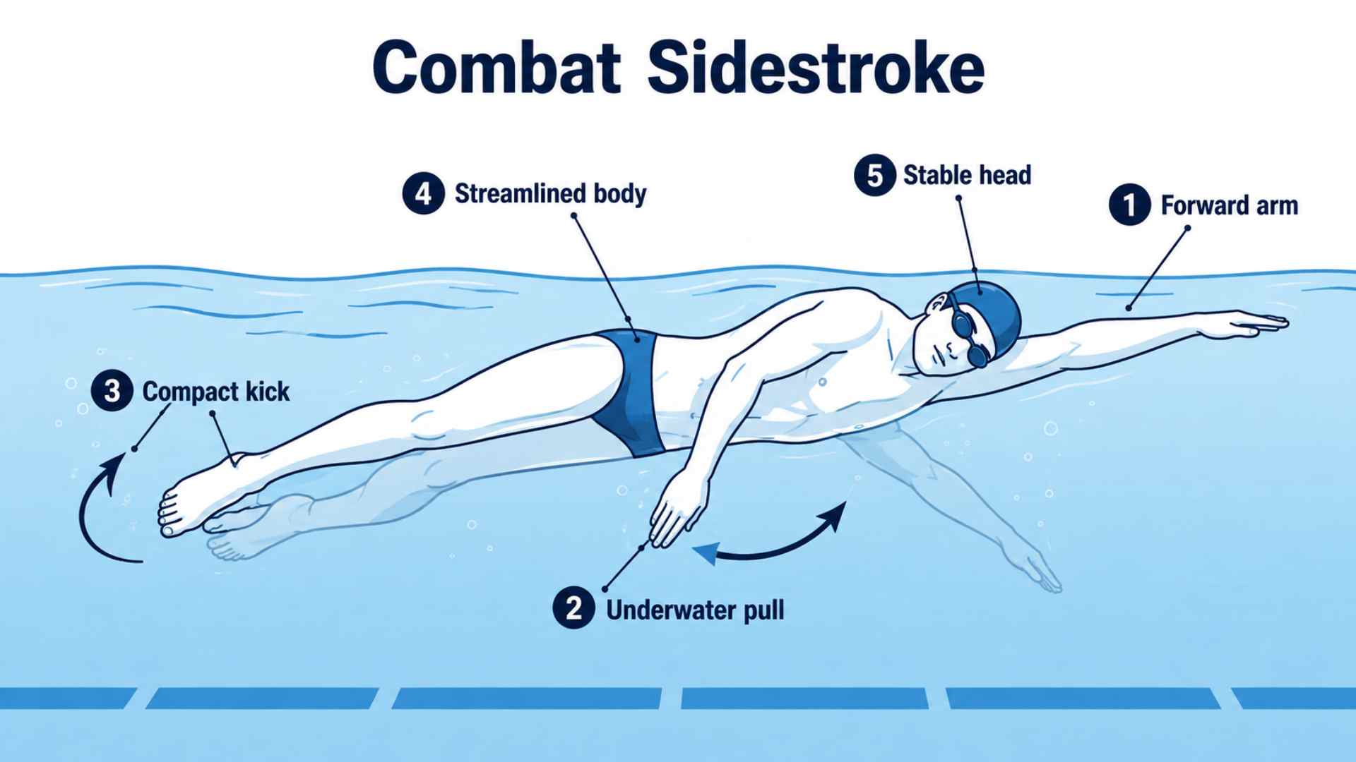 Combat sidestroke swimming technique illustration showing streamlined swimmer with efficient arm pull and modified scissor kick