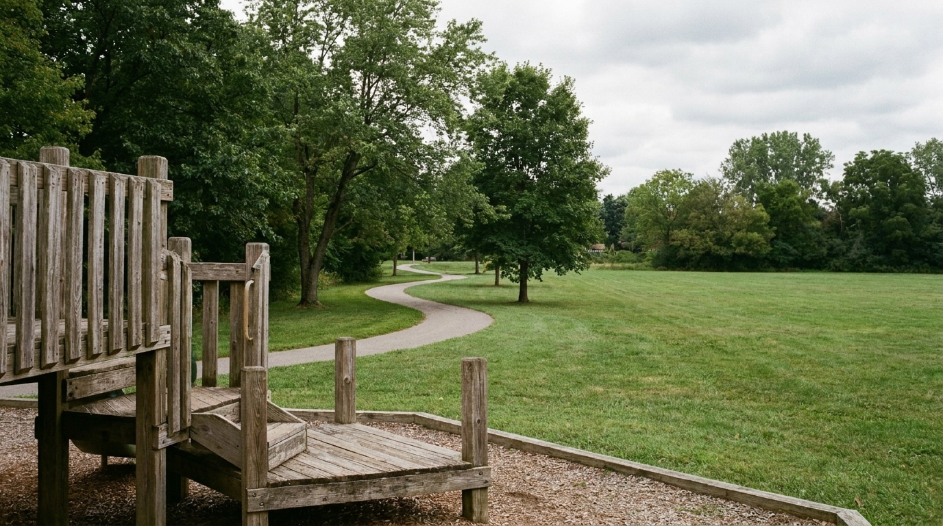 Playground with wooden structure beside winding path in lush green park