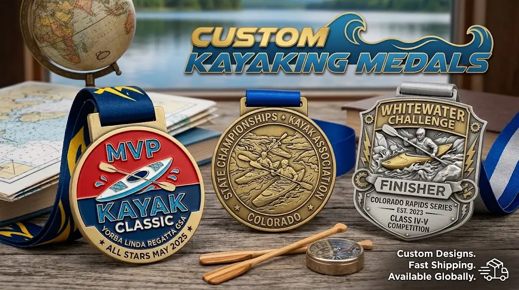 Three custom kayaking medals displayed on wooden table with maps and a compass in background