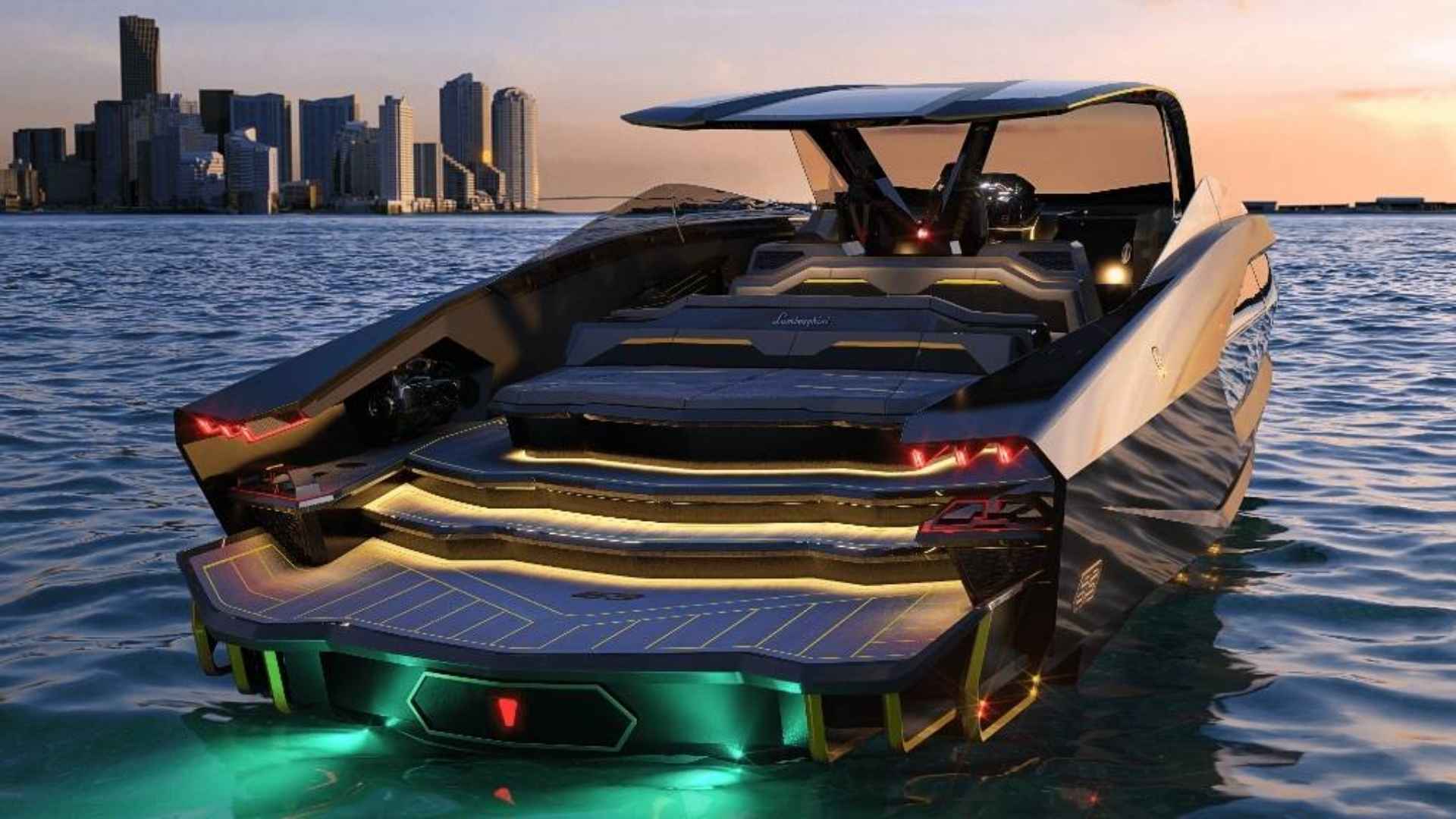 Rear view of Lambo boat showing sleek design, illuminated deck, and waterfront city skyline at sunset