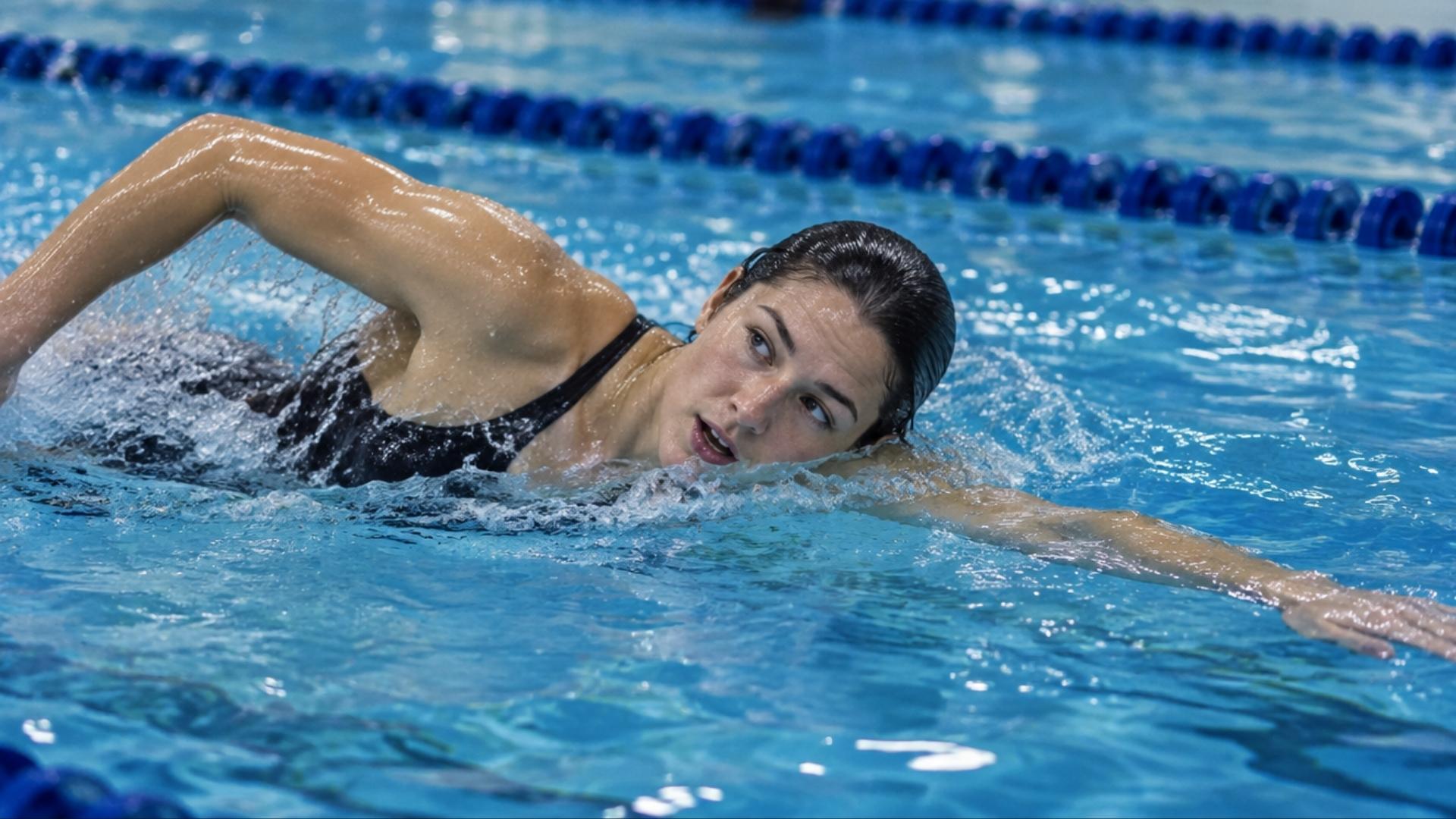 Athletic swimmer performing freestyle in a lap pool with visible shoulder engagement during the stroke.
