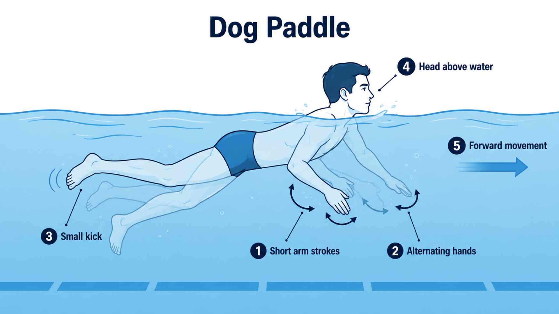 Dog paddle swimming technique illustration showing beginner swimmer with paddling arms head position and simple kicking motion