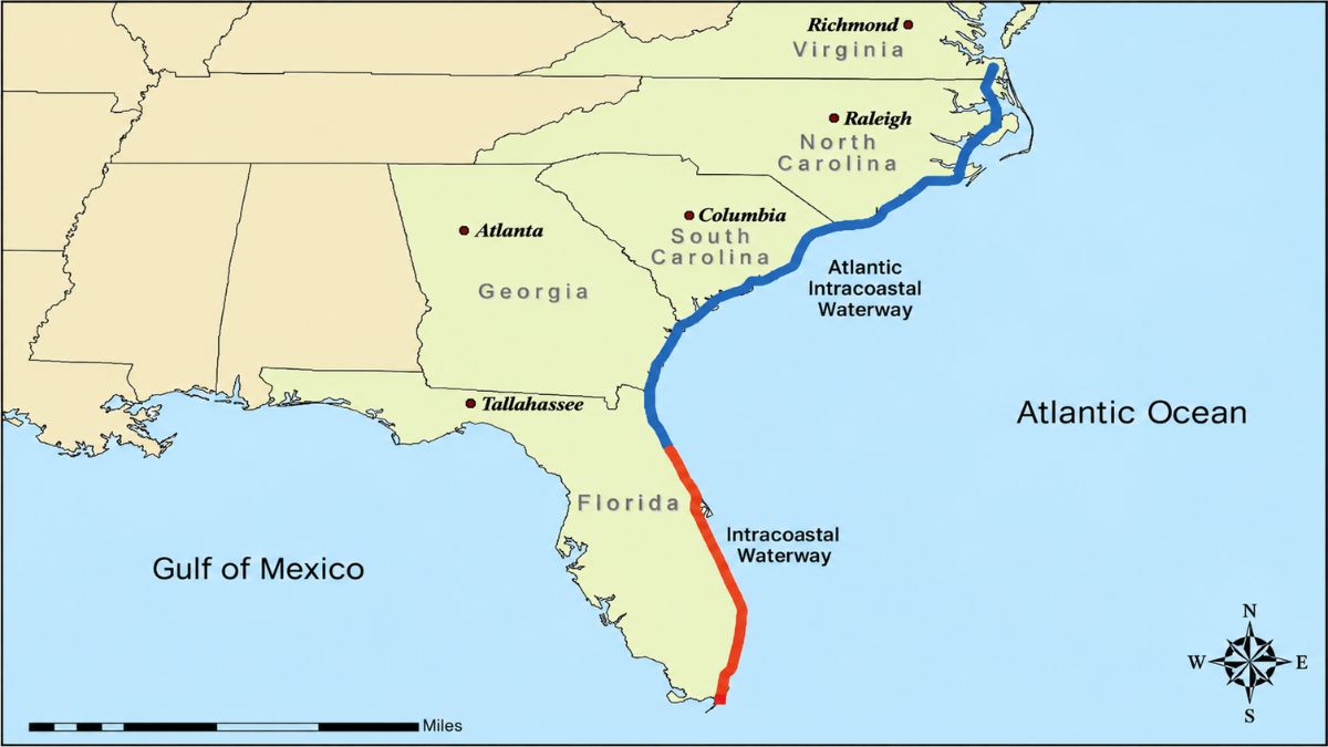 Map showing the Atlantic Intracoastal Waterway and the Florida Intracoastal Waterway route along the East Coast.