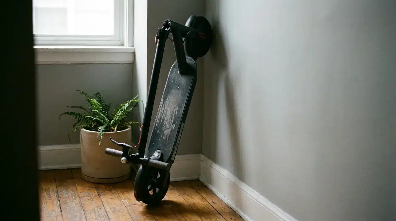 Electric scooter leaning against gray wall near potted fern on wooden floor