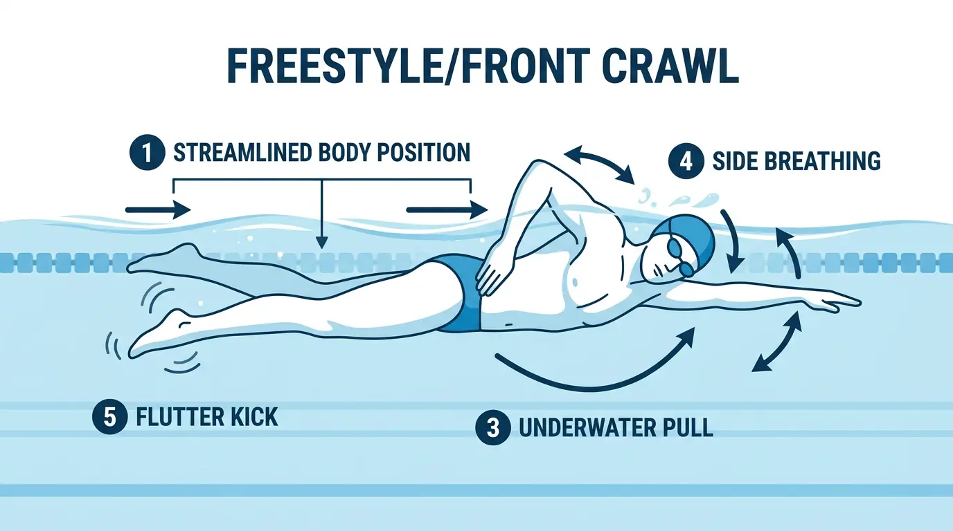 Illustration of a swimmer performing freestyle with arm pull, side breathing, streamlined body, and flutter kick.