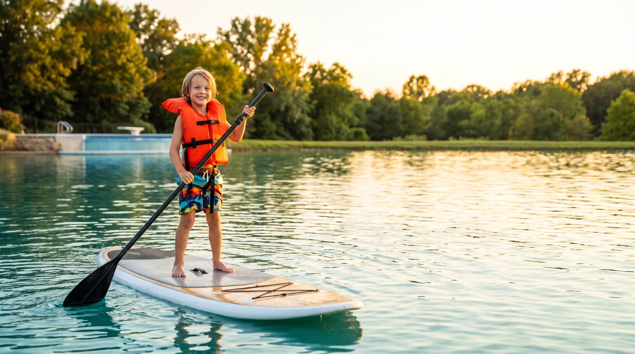 Child in an orange life vest paddleboarding on a calm lake at sunset