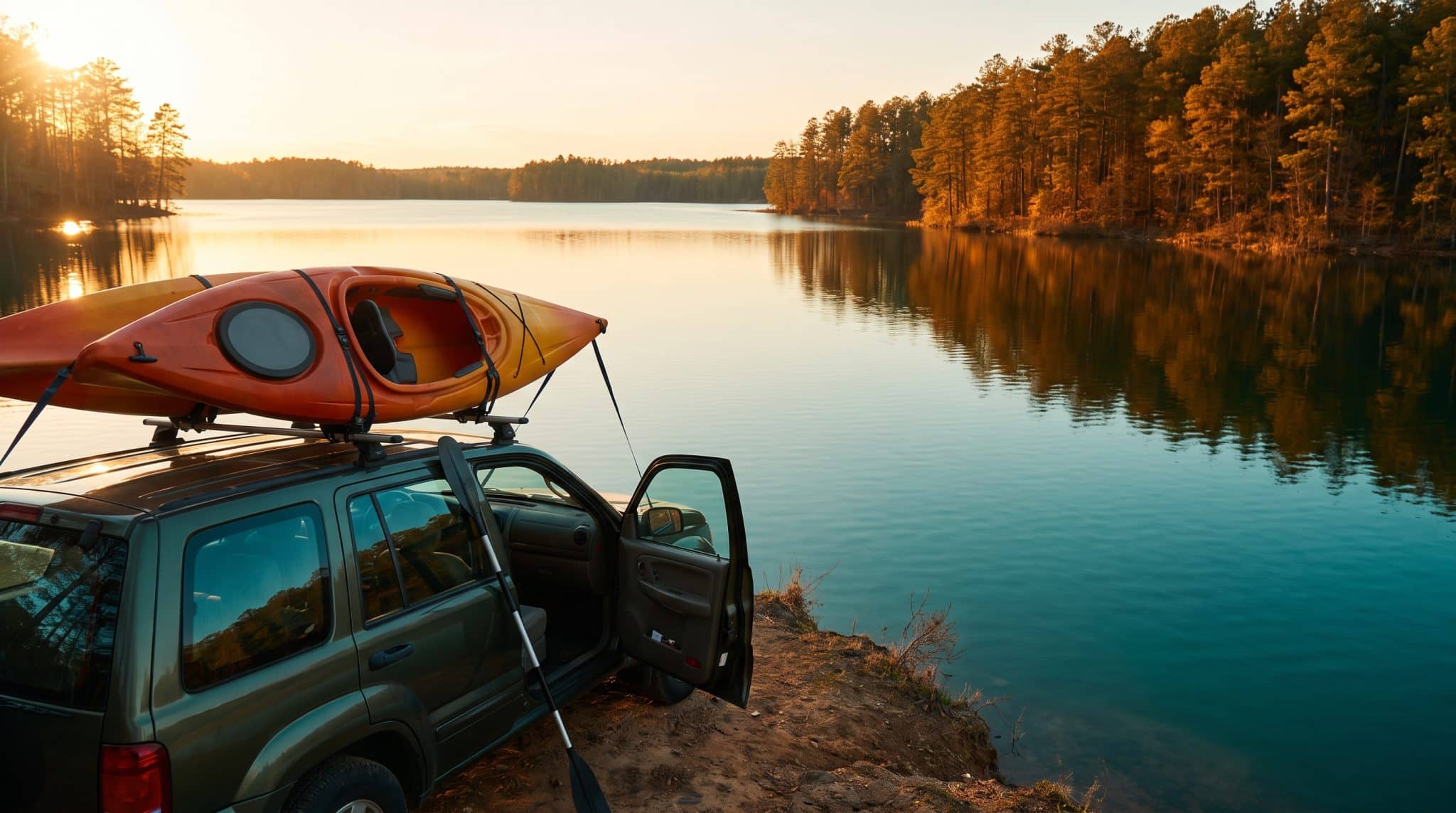SUV with kayak on roof parked by a serene lake at sunset with pine trees.