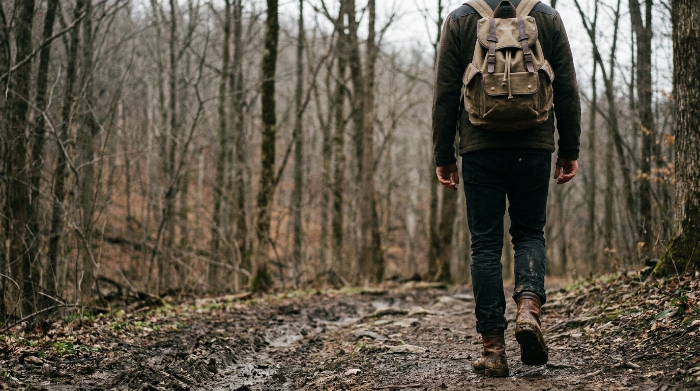 Man with backpack walking on muddy forest trail in late autumn woods