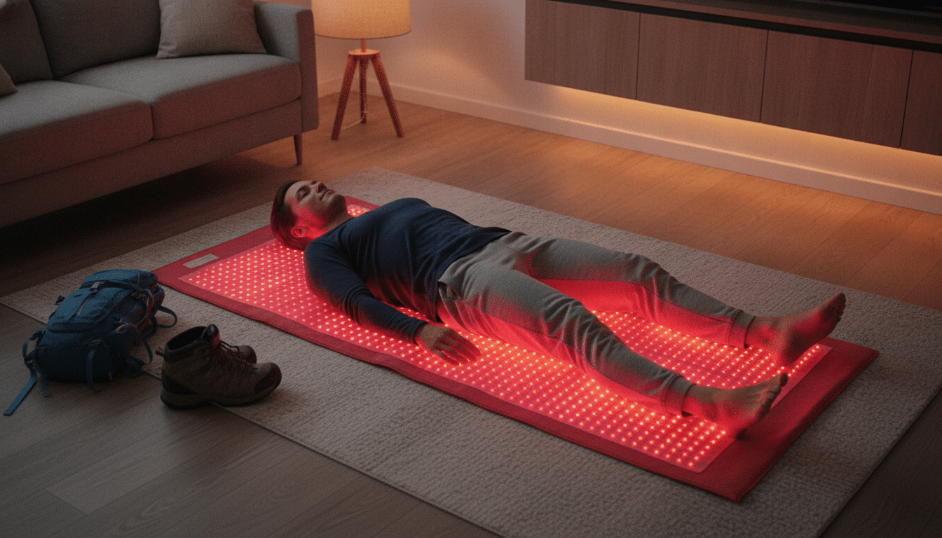 Person lying on red light therapy mat in cozy living room, with backpack and boots nearby