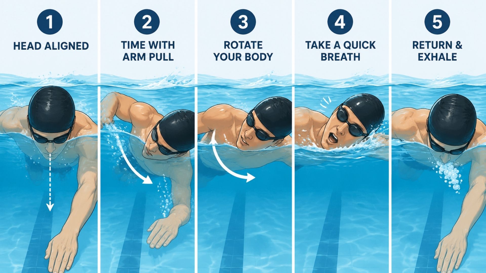 Swimmer demonstrating five freestyle breathing steps, from head alignment to side breathing and underwater exhale