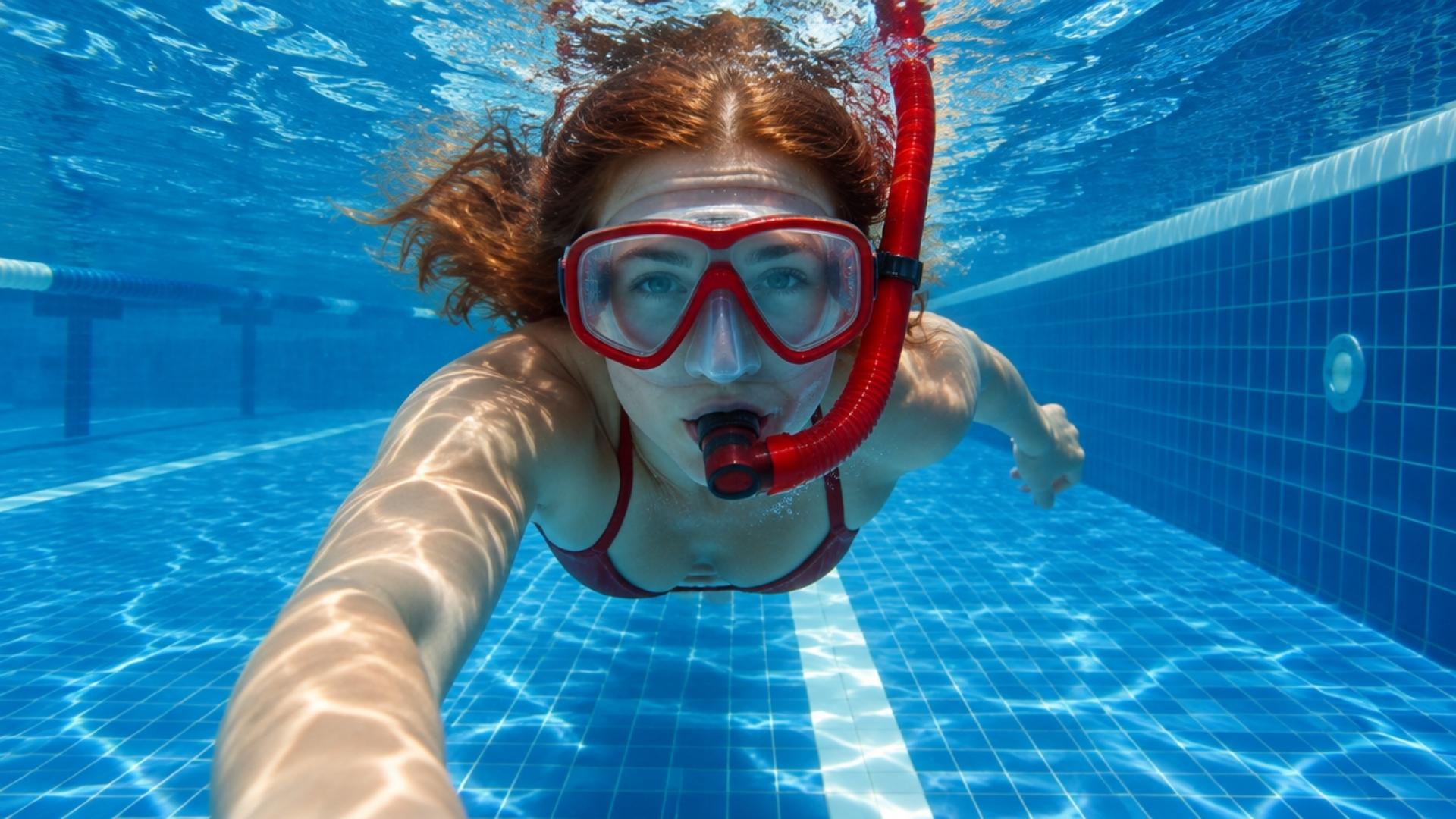 Underwater swimmer moving toward the camera with arms extended, goggles on, and sunlight reflecting through the pool.