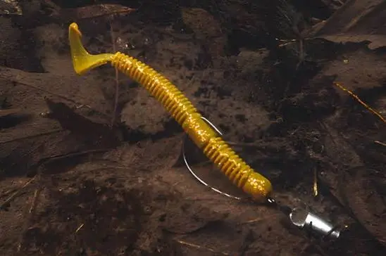 A rigged yellow paddle-tail texas rig with a hook and silver bullet weight rests on dark soil.