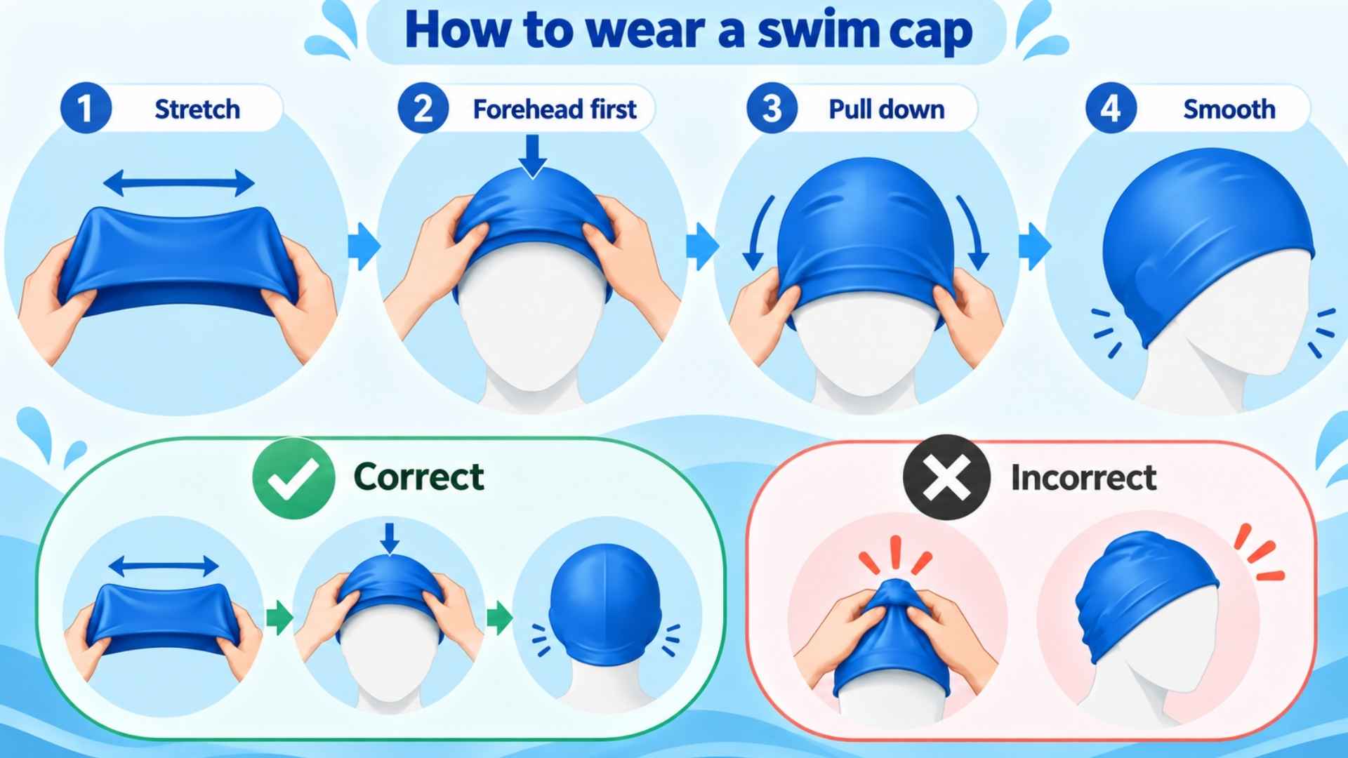 Illustrated steps showing how to wear a swim cap correctly, with common incorrect fitting methods