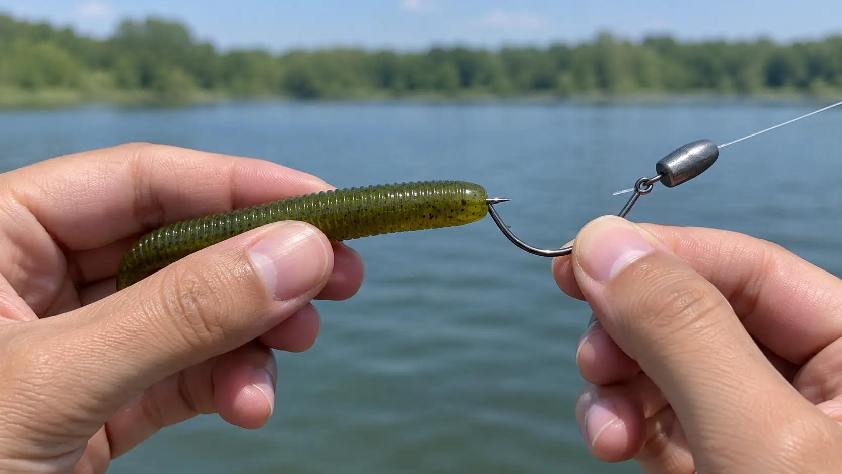 Hands attach a green soft plastic worm bait onto a fishing hook with a bullet weight above, set against a lake background.