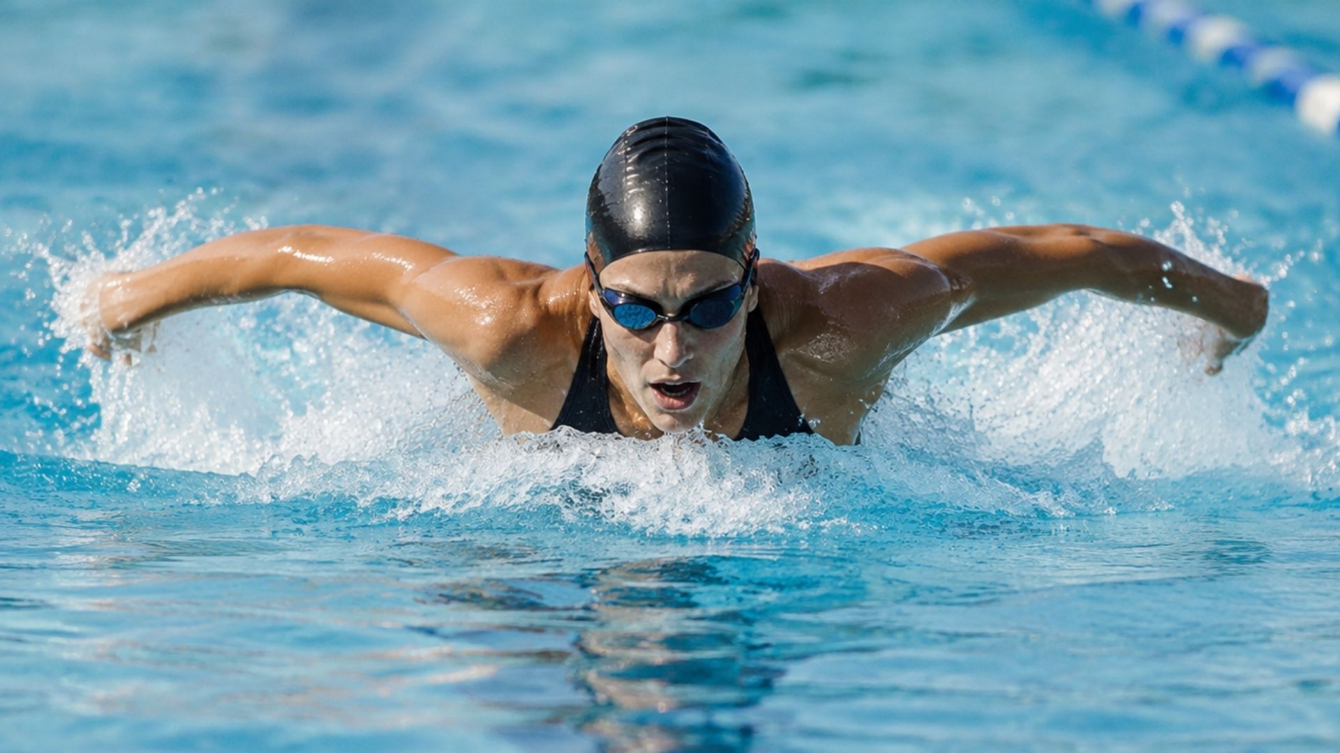 Person swimming butterfly in a pool with both arms above the water during a powerful stroke.