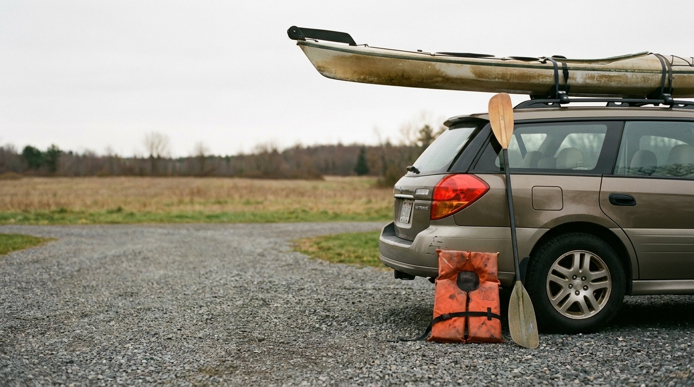 Kayak secured on car roof with paddle and life jacket on gravel path in rural area