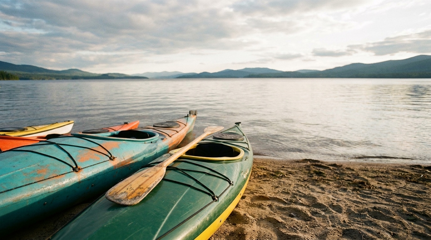 Colorful kayaks and paddles on sandy shore with calm lake and distant mountains