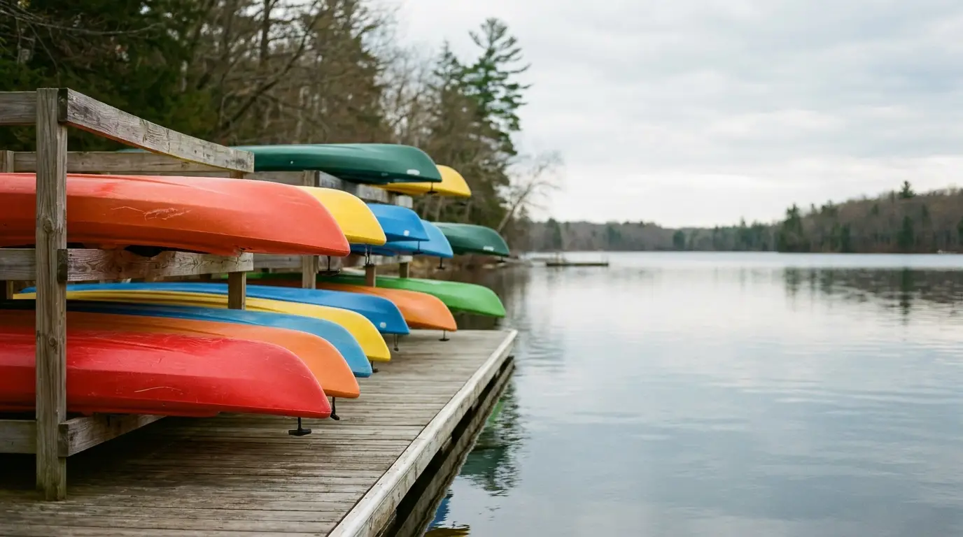 Colorful kayaks stacked on wooden dock by calm lake under overcast sky